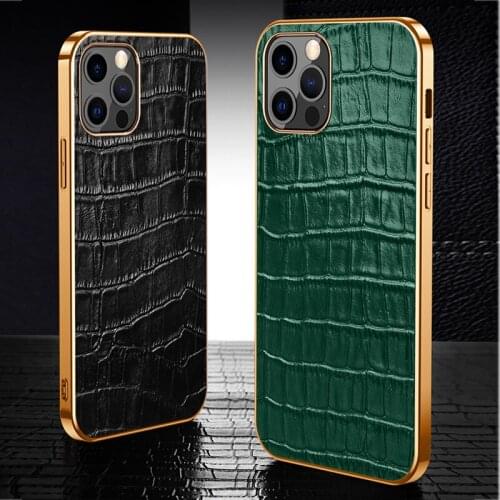 Electroplated Phnom Penh Shockproof Phone Cover For IPhone 12 Mini 11 Pro Max XR X XS Crocodile Texture Genuine Leather Case
