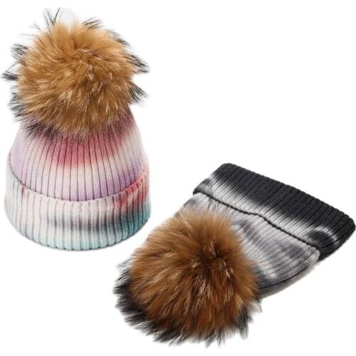 Wool Beanies Women Real Fur Pom Poms Fashion Knitted Hat Girls Tie dye Color Female Beanie Cap Pompom Winter Hats for Women