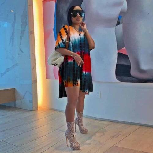 Gradient Tie Dye Print Side High Split Loose T-shirt and Skinny Biker Shorts Casual Loungewear Two Piece Suit Co-ord Tracksuits