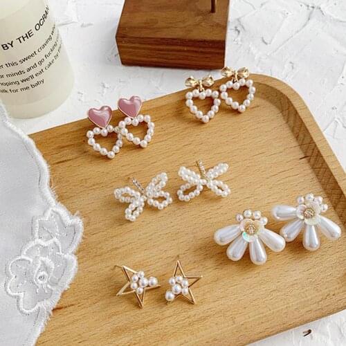 2020 New Vintage Fashion Women Faux Pearl Bow Flower Heart Ear Stud Star Earrings Bohemian Earring Jewelry Decor Accessory Gift