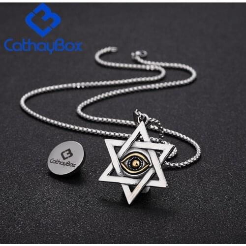 Gold Stainless Steel Jewish Star of David Eyes Hexagram Pendant NecklaceSS Chain 60CM Long
