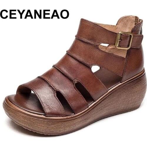 CEYANEAO 2021Genuine Leather Ladies sandals Openwork flat Set Beach shoes Brown Apricot color Summer daily sandals Leisure