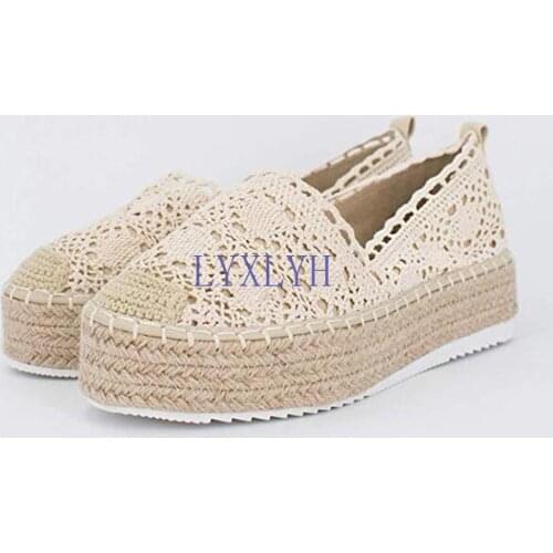 Shoes Woman Flat Chaussures Femme Zapatos De Mujer Womens Hollow Platform Casual Shoes Solid Color Breathable Wedge Espadrilles