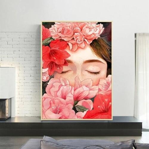Beauty Girl Cartoon Portrait Canvas Painting Flower Pattern Wall Art Picture Nordic Poster Living Room Home Decor Scandinavia