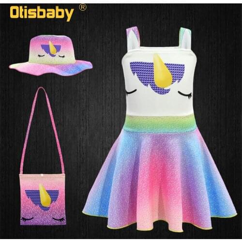 Summer Holiday Infant Girls Party Unicorn Dress Hat Bag 3Pcs Pony Clothing Set Unicorn Birthday Rainbow Tutu Dress Horse Clothes