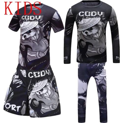 Compression Kids Running T-shirt+pant Sets Rashguard Boy Jiu jitsu MMA Children Tracksuit Muay Thai Shorts Gym Clothing