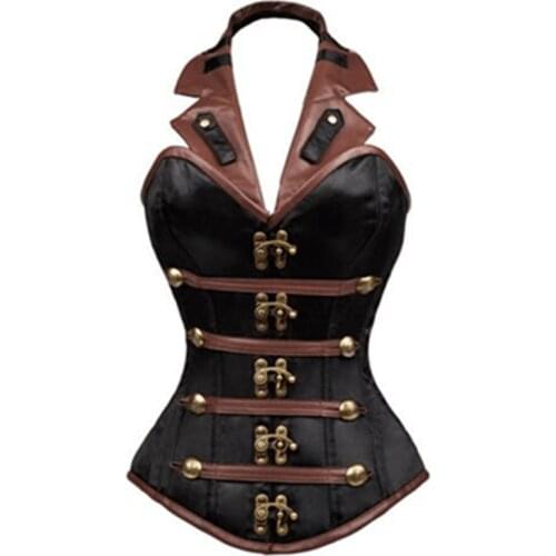 Brown Halter Steel Bone Steampunk Leather Corset with Thong waist women corsets sexy corset and bustier woman sexy shaper