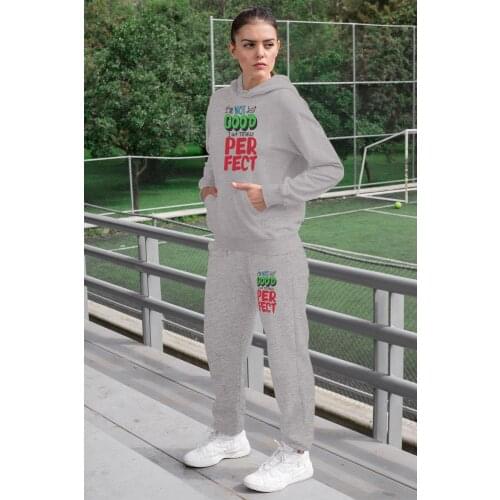 Angemiel Wear İ Am Not Just Good Women Tracksuit Set Gray Hooded Sweatshirt Gray Sweatpants