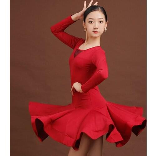 Latin Dance Clothing For Girls Long Sleeve Big Swing Red/Blue/Black Practice Clothes Ballroom Dance Competition Dress DQL4390