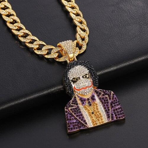 Luxury Necklace for Men Women Hip Hop Iced Out Bling Halloween Clown Pendant Necklace Miami Cuban Link Chain Choker Jewelry Gift