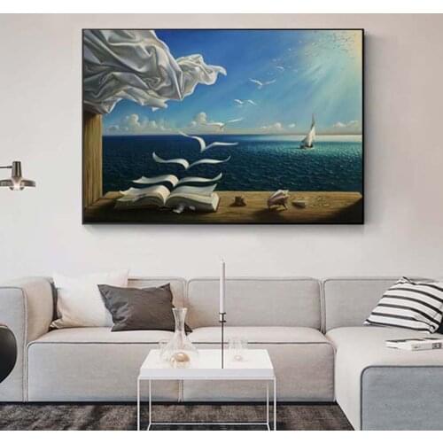 Salvador Dali The Waves Book Sailboat Oil Painting on Canvas Posters and Prints Cuadros Wall Art Pictures For Living Room