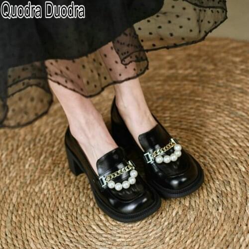 Genuine Leather new Women Pumps shoes Thick High Heels Chunky Round Toe solid String Bead chain fashion slippers Big Size 34-40