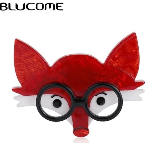 Blucome Acrylic Black Glasses Fox Shape Brooches Handmade Women Kid Animal Brooch Cartoon Brooch Pins Lapel Badges DIY Adornment