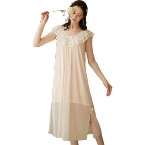 Womens Summer Nightdress Princess Retro Modal Cotton Vintage Nightgown Sleeveless Lace Loose Plus Size Thin Sweet Pink Gown