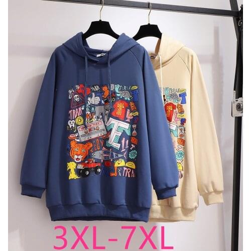 New 2021 spring autumn plus size hoodie for women large long sleeve loose casual cotton print pullover coat blue 4XL 5XL 6XL 7XL