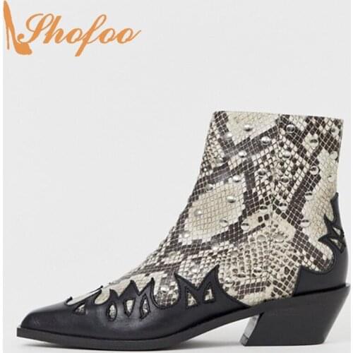 Black Snakeskin Ankle Boots Woman Low Chunky Heels Pointed Toe Rivet Zipper Booties Large Size 10 15 Ladies Fashion Shoes Shofoo