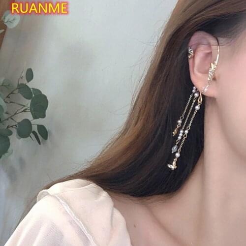 Temperament Butterfly Ears Hang Set Auger Pearl Tassel Earrings Womens Fashion Pearl Earrings Have No Ear Hole