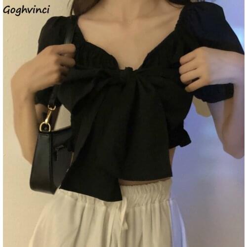 Shirts Women Crop Tops High Waist Puff Sleeve Bow V-neck Sexy Retro Chic Womens Outwear All-match Elegant Simple Stylish Leisure