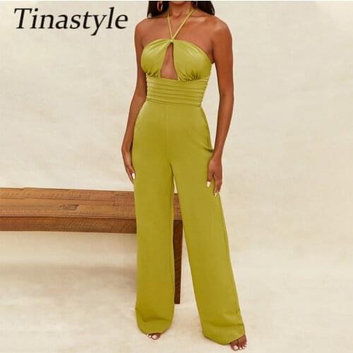 Tinastyle Hater Sexy Jumpsuit for Women 2021 Hollow Out Backless Ruched Bodycon Wide Leg Jumpsuits Casual Party Clubwear Outfits