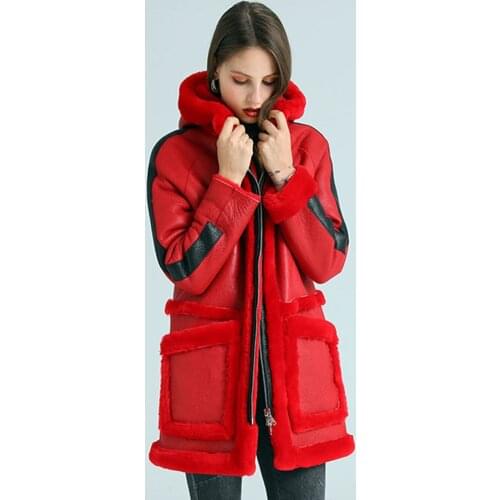 2020 New Hooded Long Real Fur Coat For Women Thicken Warm Red Sheepskin Shearling Clothing Long Genuine Leather Outerwear