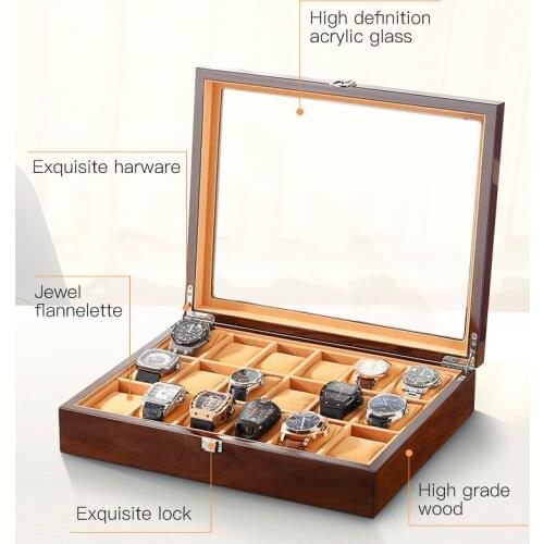 18 Grids Watch Boxes Storage Clock Wood Watches Display Box Case And Packaging Glasses Brown Lint Jewelry Organizer Window