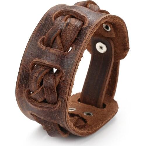 2021 Fashion Jewelry Vintage Hand Woven Brown Leather Bracelet Charm Cuff Wide Leather Mens Bracelet Accessories Pulsera