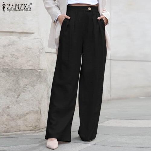 2021 ZANZEA Elegant Women Wide Leg Pants Autumn Trousers Casual High Waist Solid Palazzo Loose Long Pantalon OL Ladies Turnip