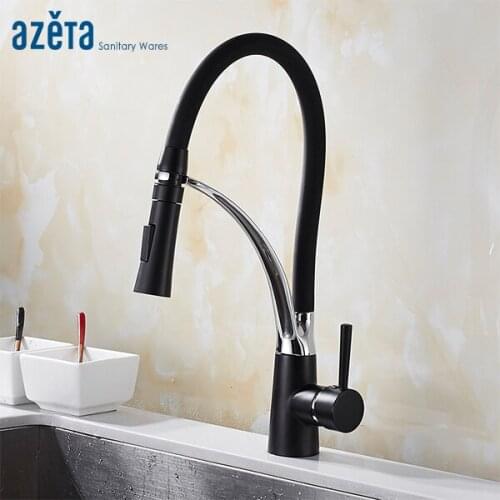 Azeta Kitchen Faucets With Black Rubber Tube Design Single Handle Deck Mounted Hot & Cold Water Pull Out Kitchen Tap AT2288B