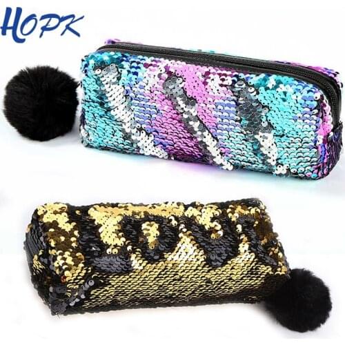 Glitter Sequin Pencil Case for Girls School Supplies Big Capacity Hairball Pencil Case School Stationery Gift Pencilcase