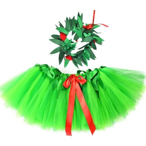 Hawaiian Girls Tutu Skirt with Flower Crown Tutu Set Green Kids Girls Tulle Skirt Beach Holiday Party Costume Hula Dance Skirts