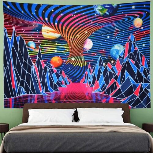 Trippy Mountain and Planet Tapestry Hippie Tornado Waves Retro Abstract Space Landscape Galaxy Stars Wall Hanging