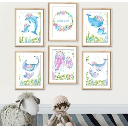 Whale Jellyfish Dolphin Seaweed Marine Animal Wall Art Canvas Painting Nordic Posters And Prints Wall Pictures Kids Room Decor