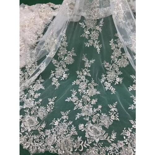Hot selling nigerian beaded Embroidered tull net lace fabric with good quality SYJ-78881 for wedding dress