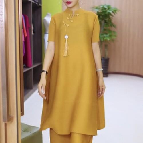 Miyak Pleated Chinese Style Clothes Set Women Stand Collar Buckle Improved Cheongsam Top Wide Leg Pant Loose Plus Size 2 Piece