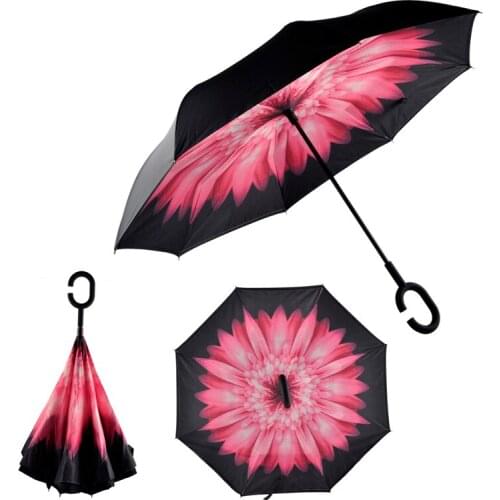 Creative Windproof Reverse Folding Pongee Double Layer Inverted Chuva 8 Rib Umbrella Self Stand Inside Out Rain Protection