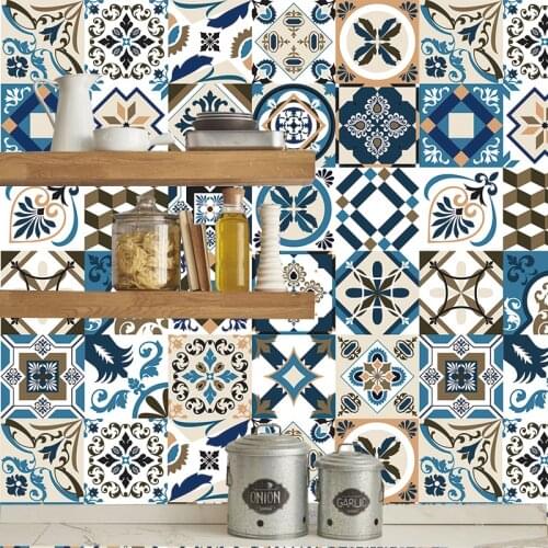 Customed Morocco Blue Geometry Ceramic Tiles Wall Sticker Washbasin Wardrobe Decoration Wall Decals Peel & Stick Art Wall Mural