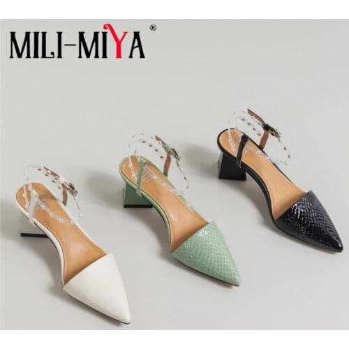 MILI-MIYA Elegant Square High Heels Summer Sandals Genuine Cow Leather Pearl Studded Buckle Strap Shallow Wedding Dress Shoes