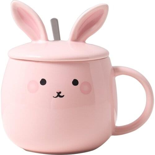 Cartoon Rabbit with Lid Spoon Ceramic Cup Coffee Breakfast Cup Mug Cute Student Couple Cup With Lid And Spoon