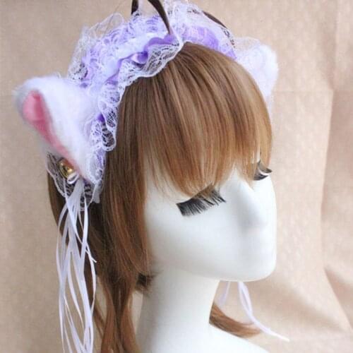 Lolita Ruffled Lace Headband Long Ribbon Bow Bells Steampunk Cosplay Hair Hoop Plush Cat Ears Hair Hoop
