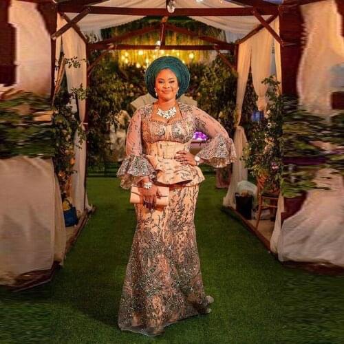 Aso Ebi Mermaid Evening Dresses With Long Sleeves Muslim Plus Size Prom Dress Sequined Applqies Peplum African Party Gowns