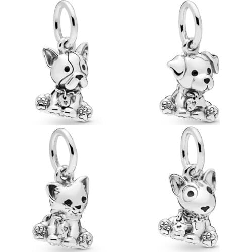 QANDOCCI Bull Terrier Puppy Labrador Puppy French Bulldog Puppy Sweet Cat Beads Fit Pandora Bracelet 925 Sterling Silver Jewelry