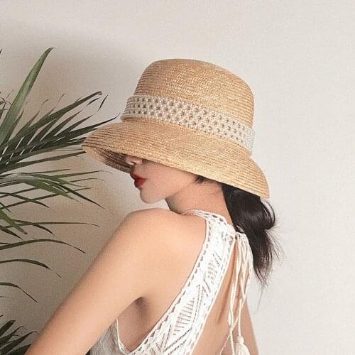 Hand Made Summer Hats For Women Raffia Elegant Pearl Straw Sun Hat Bucket Cap Lady Girls Panama Beach Floppy Female Travel Hats