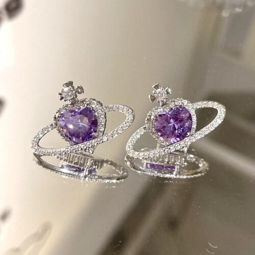 Korean Fashion Purple Heart Crystal Stud Earrings For Women Elegant Planet Rhinestone Earring Bracelet Necklace Jewelry Gifts