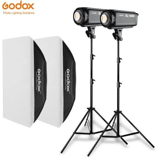 2PCS Godox SL Series Video Light SL-150W White Version video light Continuous Light + 2x 70x100cm Softbox + 2x 280cm Light Stand