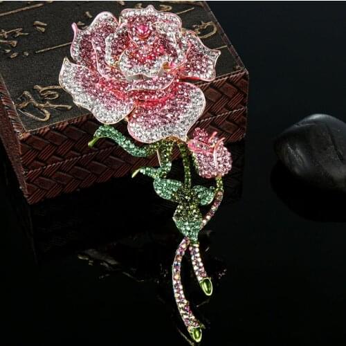 Big Size Rose Flower Brooch For Women Wedding Jewelry Pink Crystal Brooches Bijuterias Fashion Women Enamel Hijab Pins