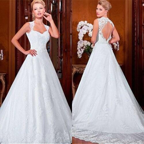 Marvelous Tulle Lace Wedding Dress Sexy Keyhole Back Sleeveless A-Line Court Train Bridal Gowns Beading Belt