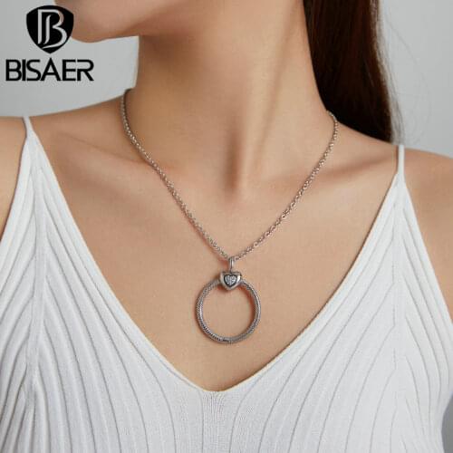 BISAER 925 Sterling Silver Plated Platinum Zircon Heart Shape DIY Base Chain Necklace Women Unique Fashion Jewelry Making Gift