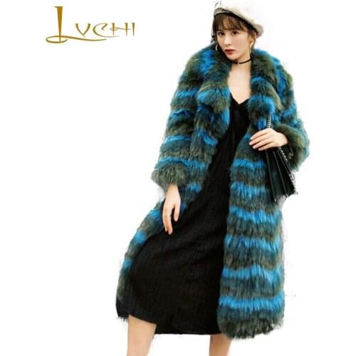 LVCHI 2019 Winter Real Fox Fur Coats Turn-Down Collar Natural Fox Fur Coat Womens Striped Long Sleeve Long Wave Fox Fur Coats