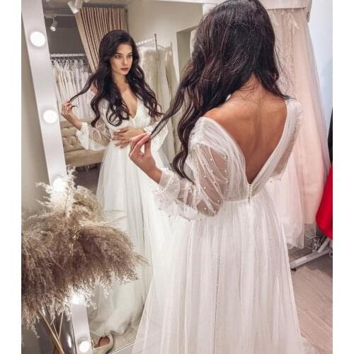 Wedding Dress 2021 Deep V-Neck Long Sleeve With Pearls Princess vestidos de novia Backless Organza Floor Length Robe De Mariee