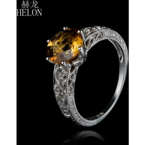 HELON Solid 14K White Gold 8MM Round 100% Genuine Natural Citrine Engagement Wedding Ring Women Vintage Trendy Fine Jewelry Gift